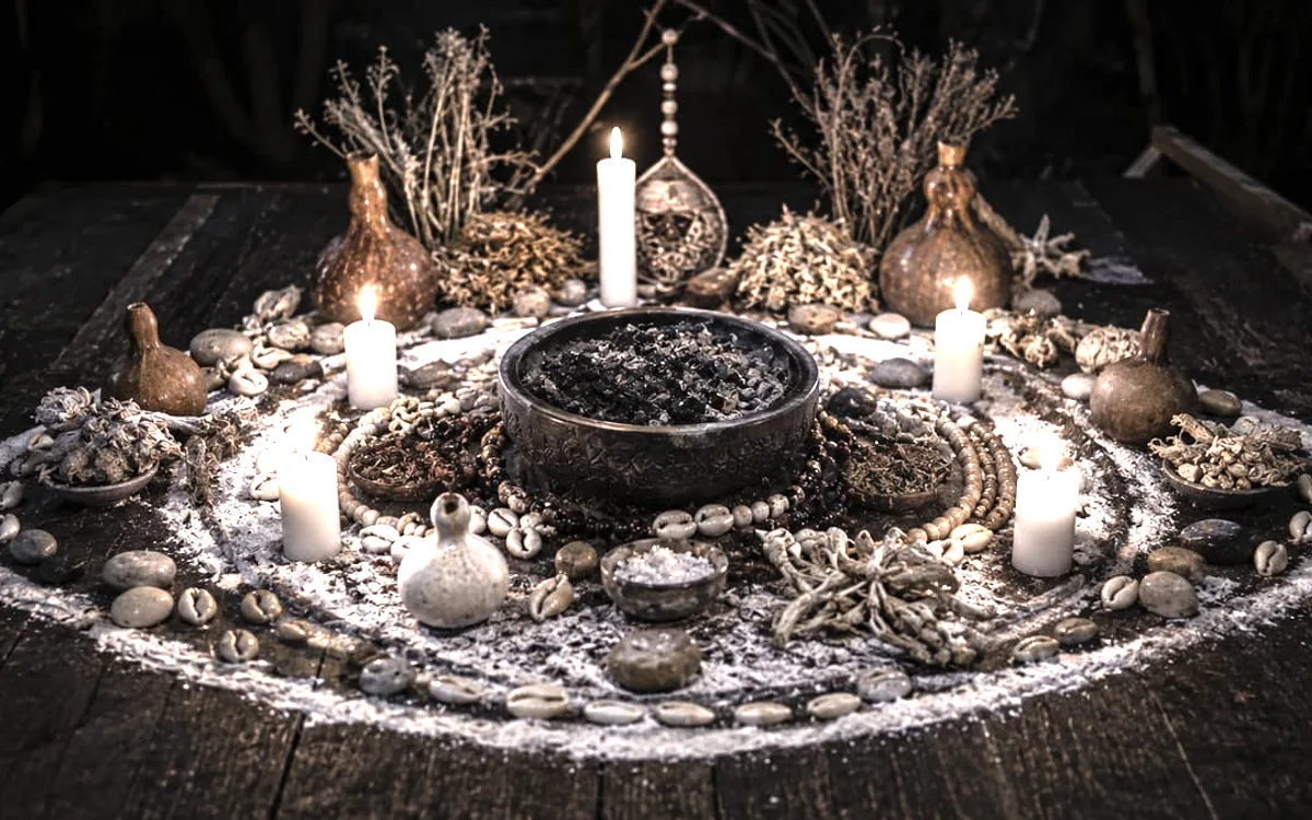 Cercle de sel et bougies allumées sur une table en bois